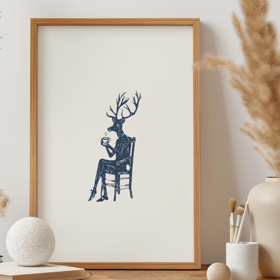 Quirky Deer Coffee Retro Kitchen Art Print