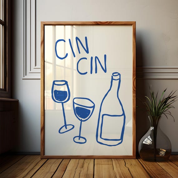 Blue Cin Cin Print 3 Pack Retro Trendy Wall Art For Bar Cart Decor Blue Aesthetic Prints For Kitchen Cin Cin Print Blue Trendy Wall Art
