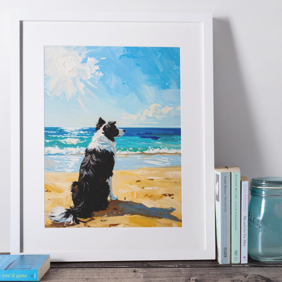 Border Collie Sitting on Beach Watching Ocean Waves Art Poster