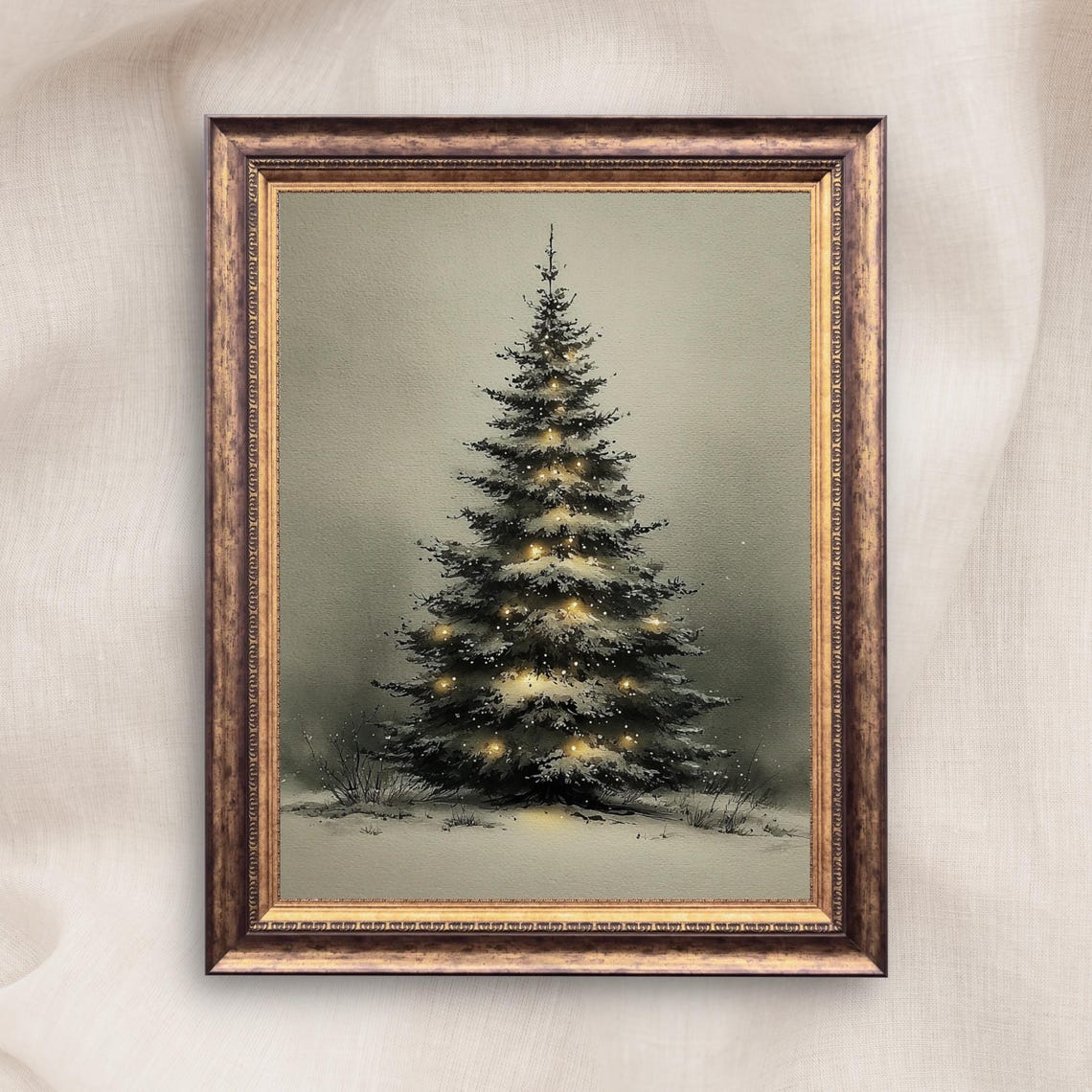 Moody Dark Christmas Tree With Glowing Lights Vintage Holiday Poster