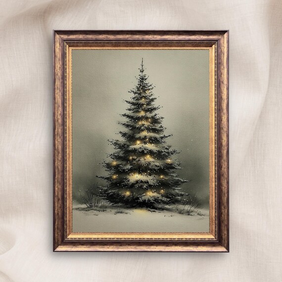 Moody Dark Christmas Tree With Glowing Lights Vintage Holiday Poster