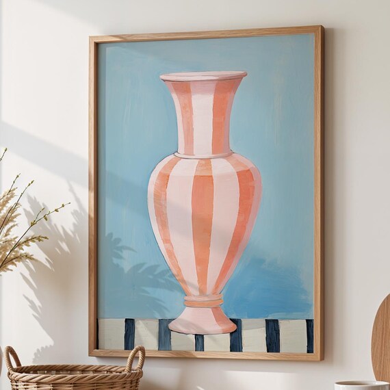 Pink Striped Vase Poster Art Whimsical Still Life Wall Decor Pastel Blue Background For Kitchen Or Gallery Boho Print