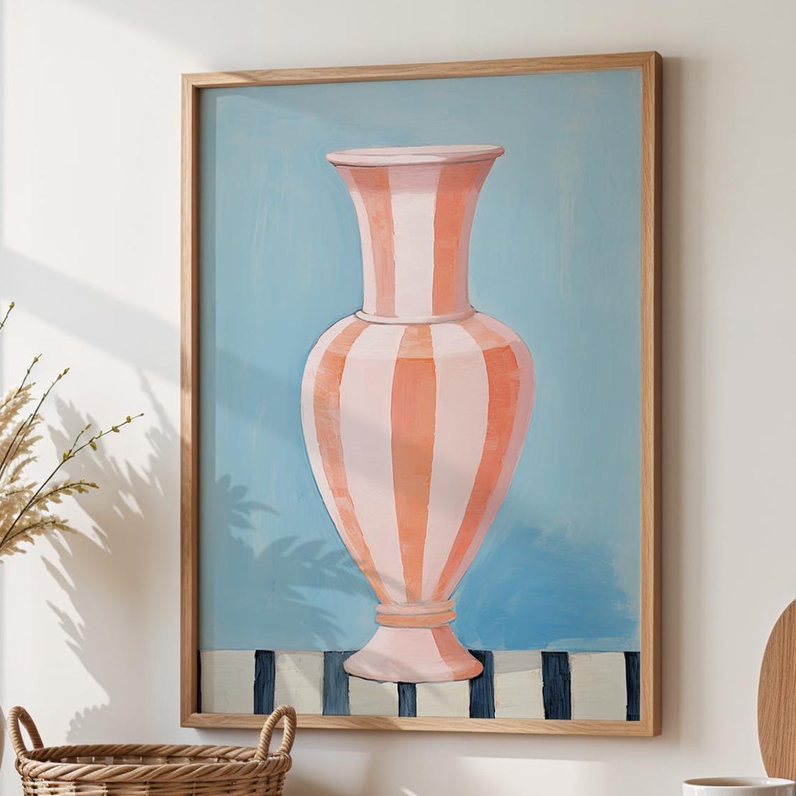 Pink Striped Vase Still Life Painting On Blue Background Poster