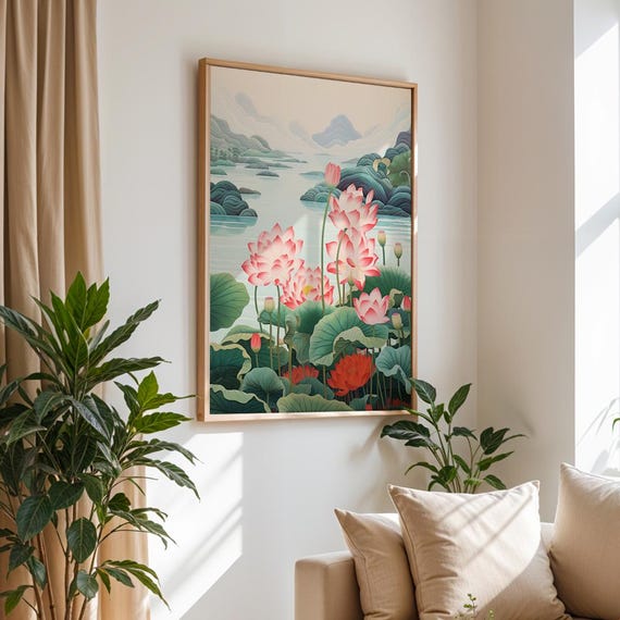 Flower Poster Lake Landscape Tranquil Nature Art Print Asianinspired Botanical Wall Decor For Spa Or Meditation Room