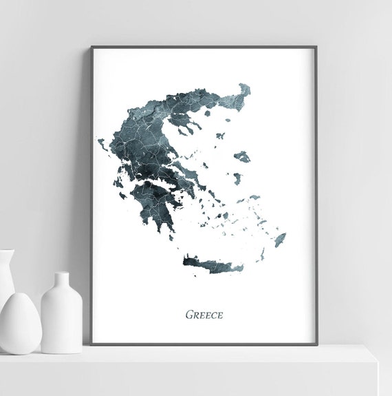 Greece Map Print Watercolor Poster Wall Art Indigo Blue Home Decor Travel