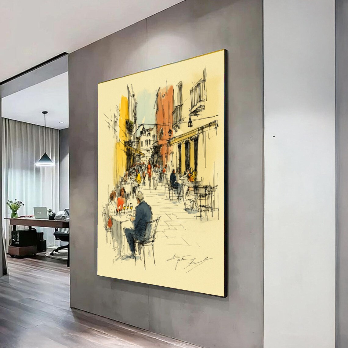 European Street Cafe Sketch Urban Ink Watercolor City Scene Art Poster