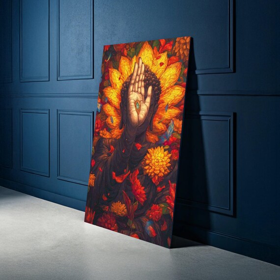 Mystical Buddha Hand Canvas Spiritual Wall Art Flower Painting Meditation Decor Enlightenment Symbol Vibrant Floral