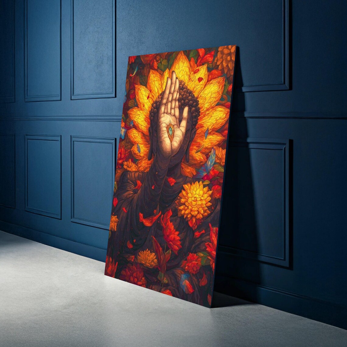 Mystical Buddha Blessing Hand Fiery Floral Mandala Spiritual Art Poster
