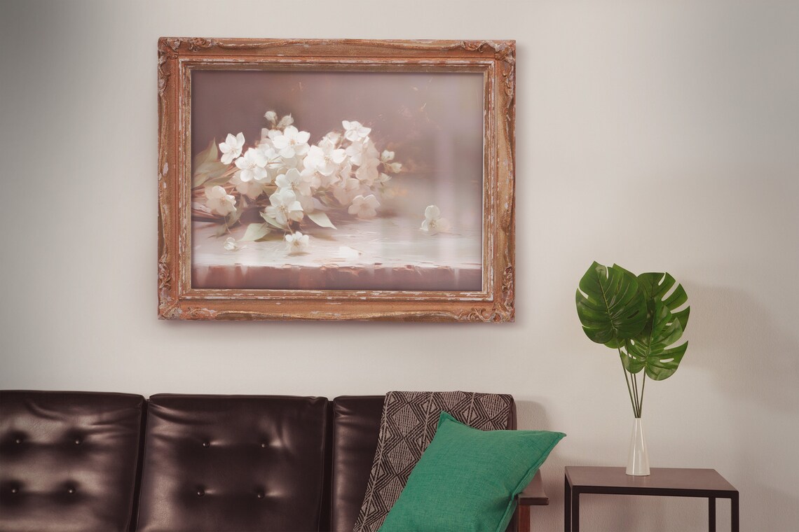 Moody White Blossom Vintage Oil Painting Dark Botanical Wall Art - Image 3
