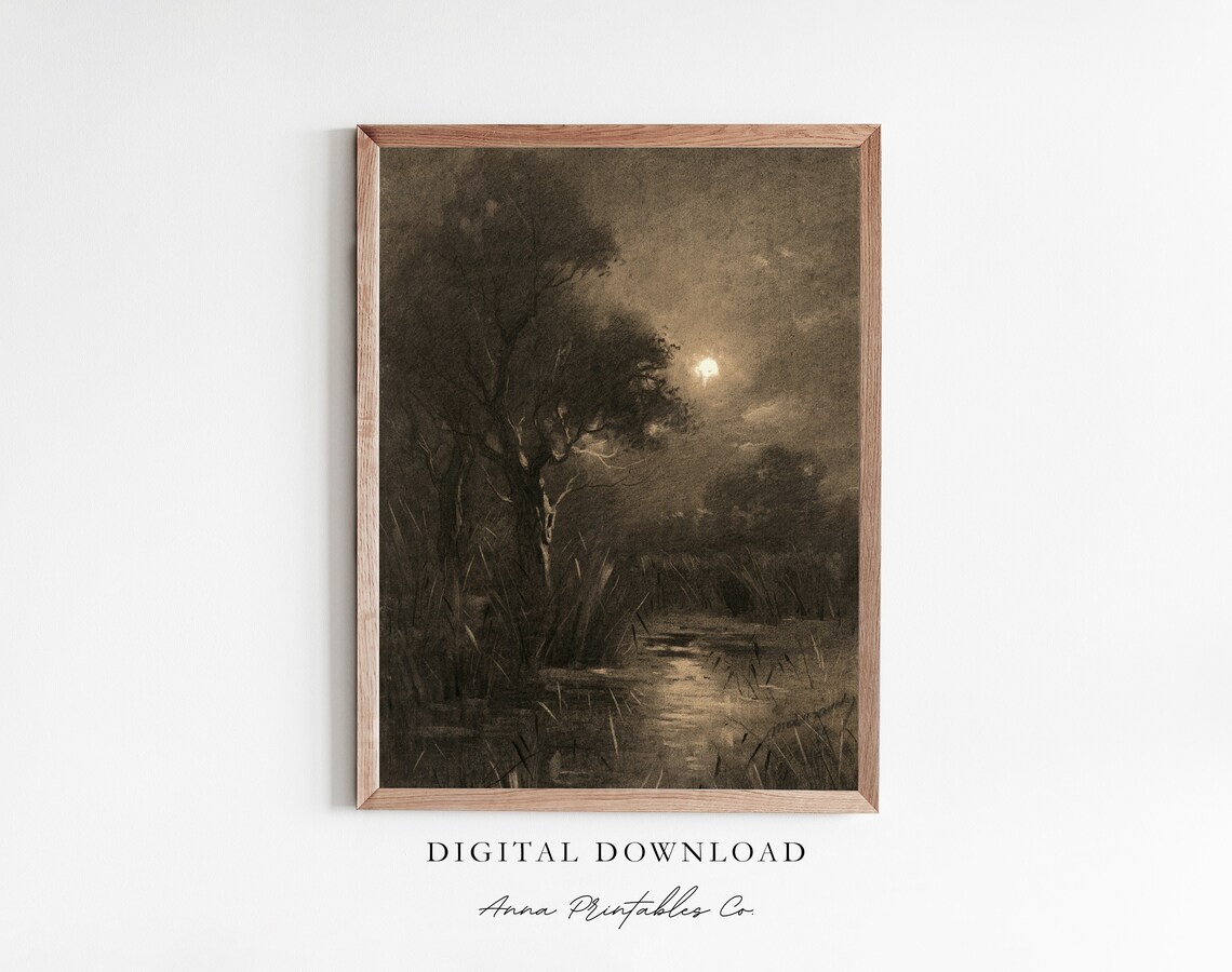 Pond In The Moonlight Antique Landscape Art Print