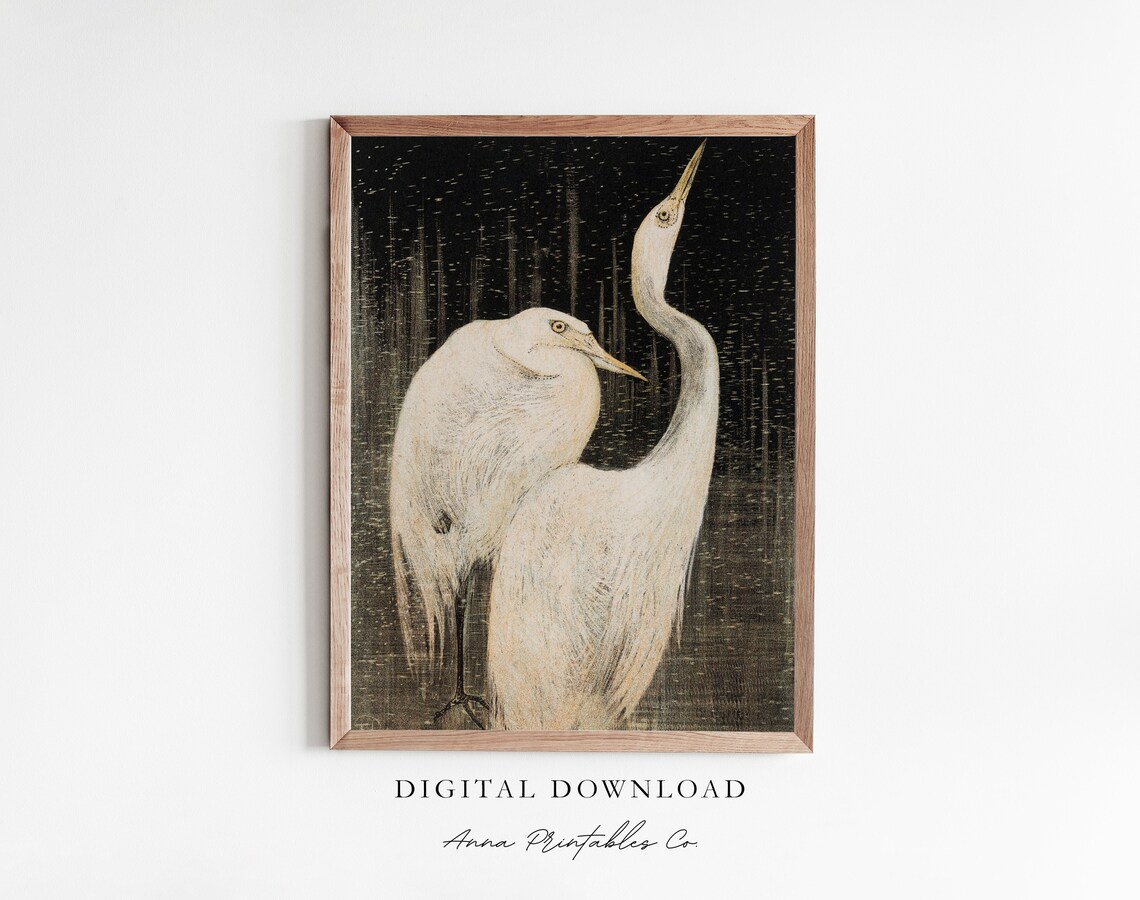 Two Egrets, Antique Black and White Bird Art Print