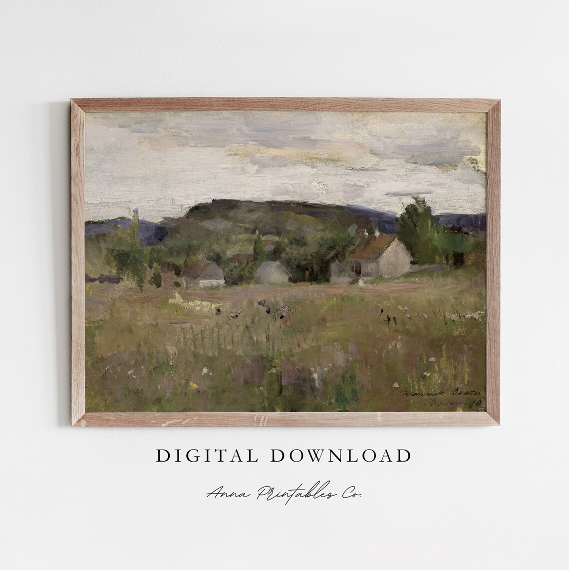 Muted Pastoral Landscape Vintage Cottage Country Hillside Scene Poster