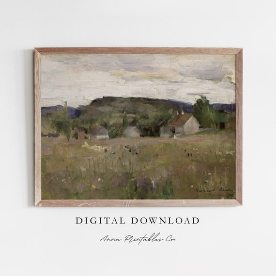 Muted Landscape Vintage Oil Painting Pastoral Painting Wall Art Antique Art Prints Farmhouse Decor