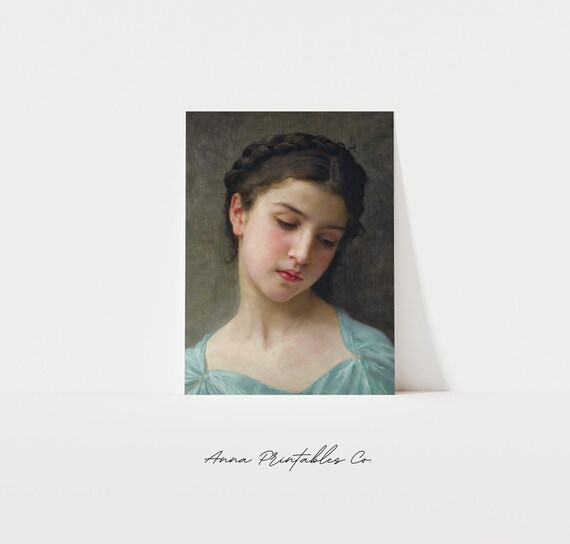 Moody Portrait of a Young Girl in a Blue Dress Vintage Art Poster