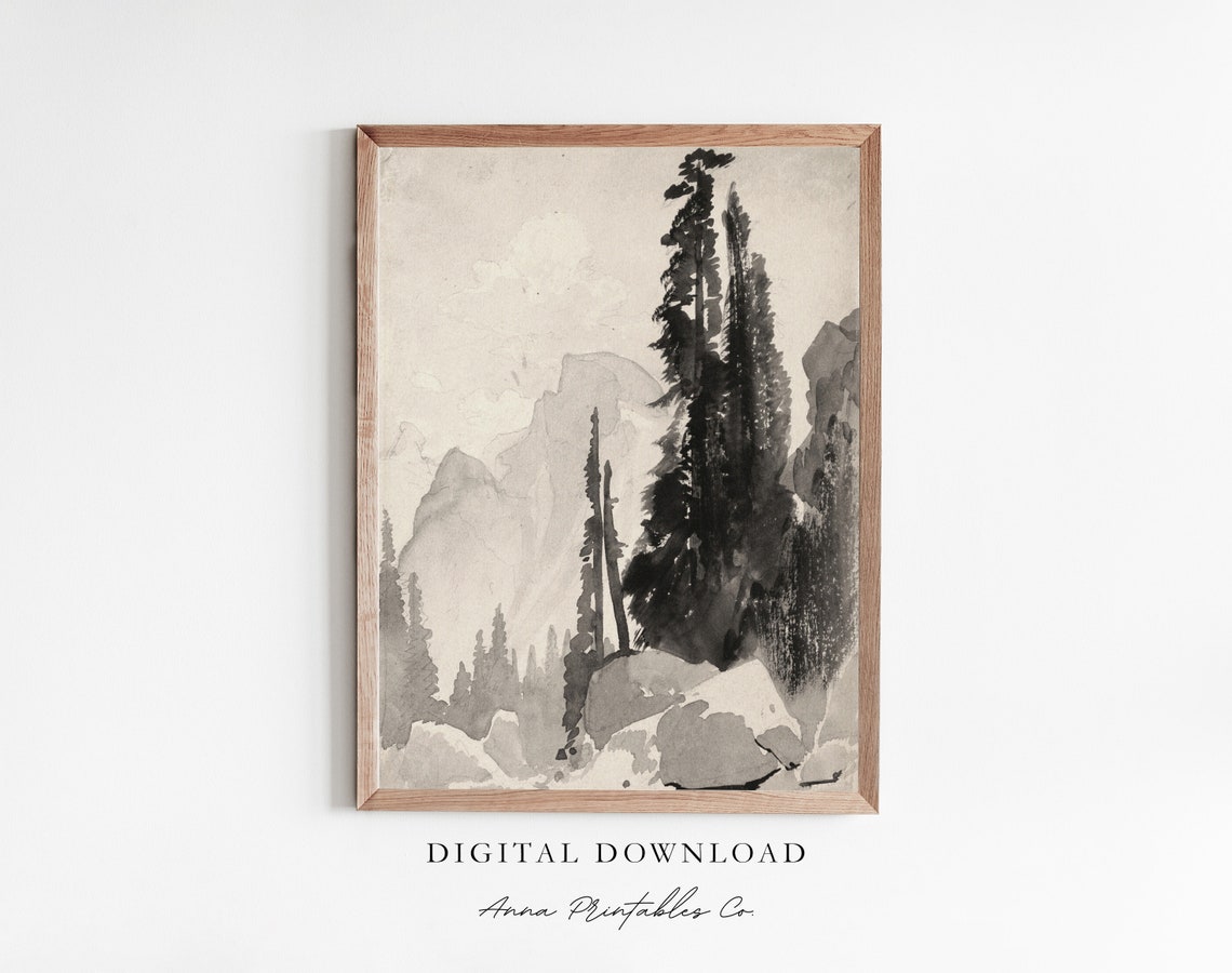 Misty Mountain Pines Ink Wash Landscape Monochrome Art Print