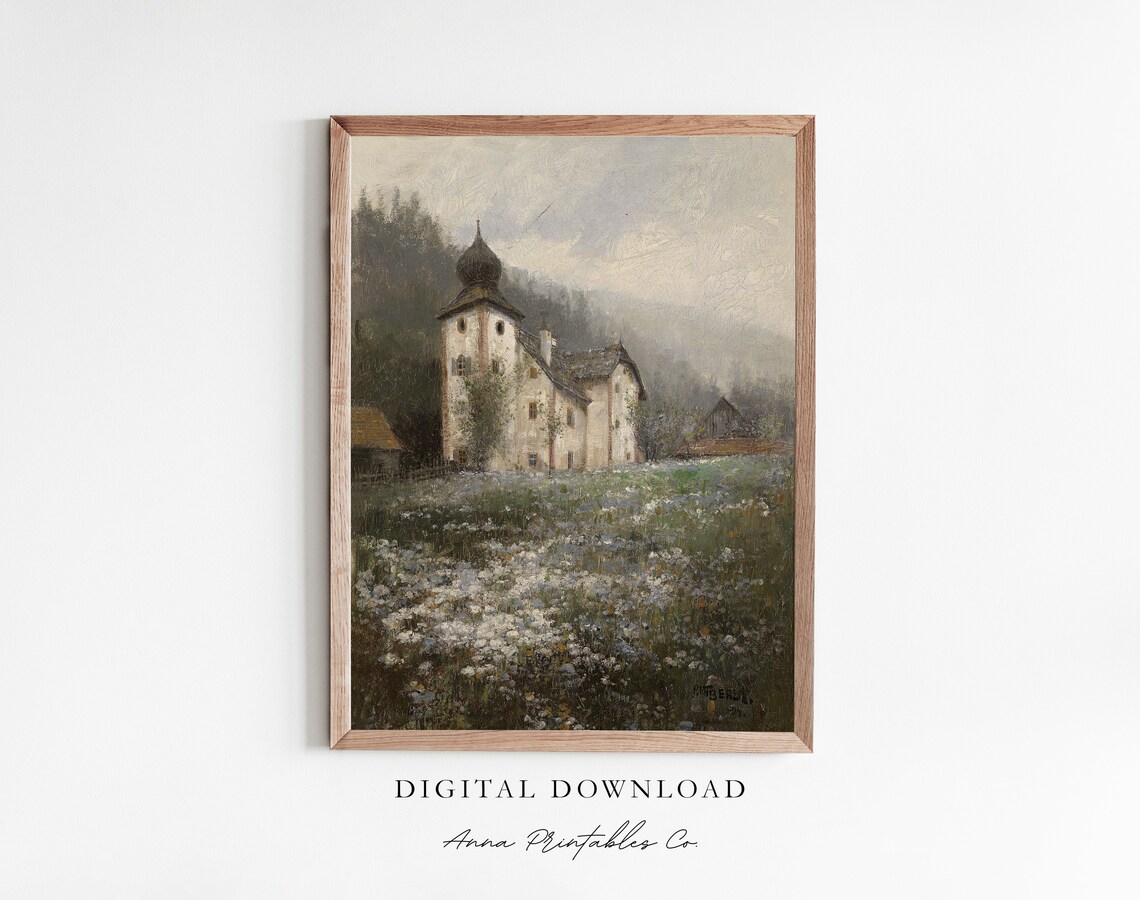 Church On A Hill Vintage Oil Painting Landscape Art Print
