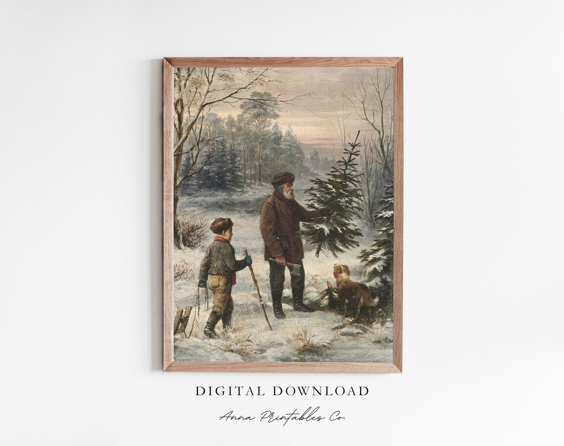 Cutting the Christmas Tree Vintage Winter Scene Family Art Poster