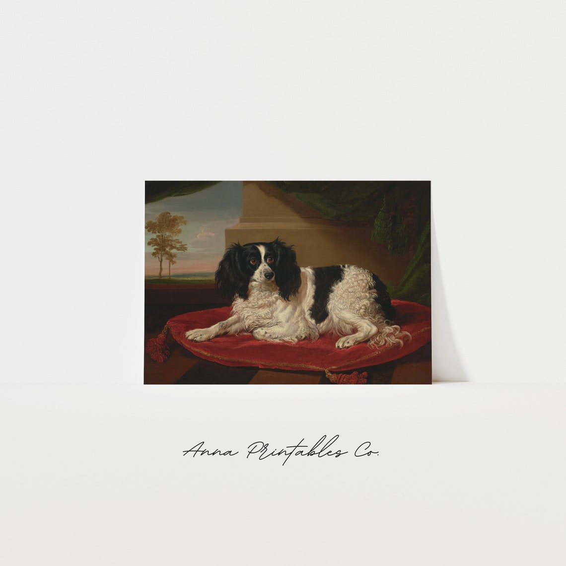 King Charles Spaniel Resting on a Red Cushion Victorian Dog Poster