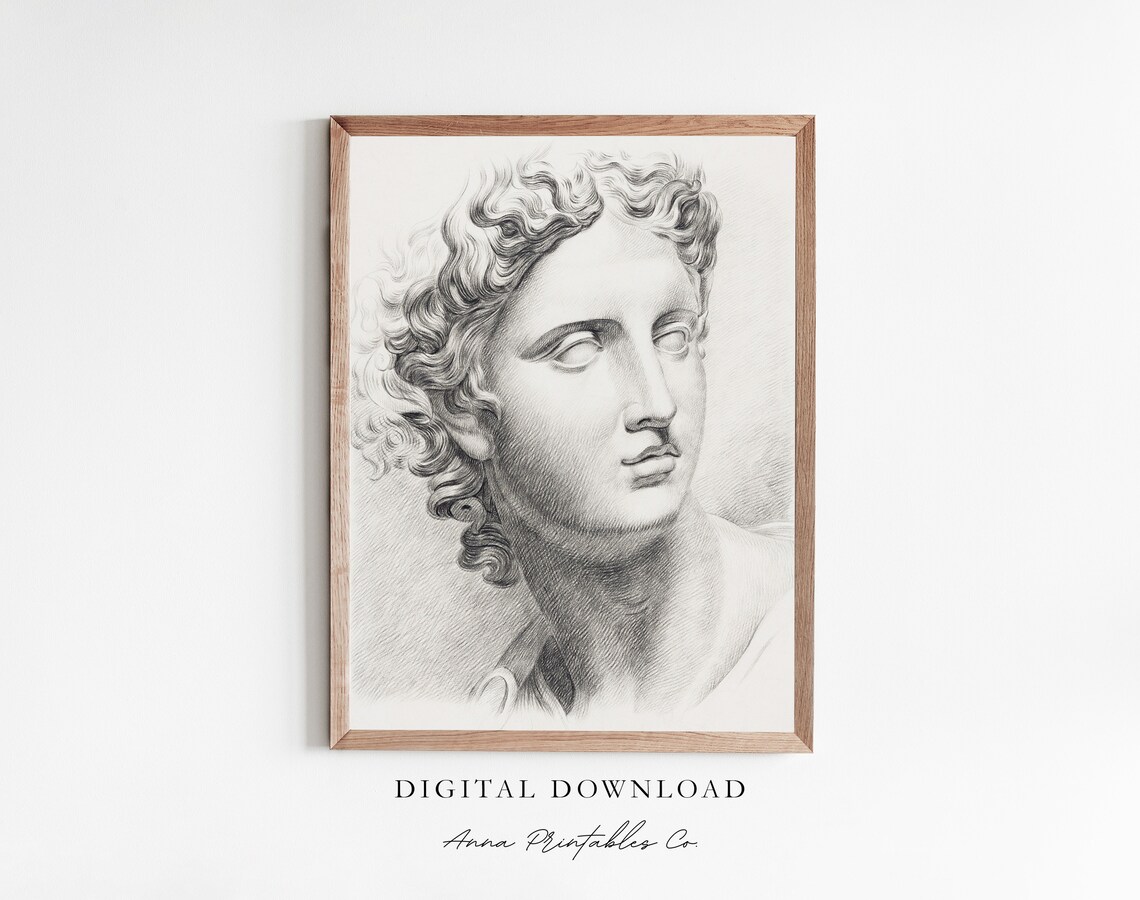 Classical Greek Bust Sketch, Light Academia Art Print
