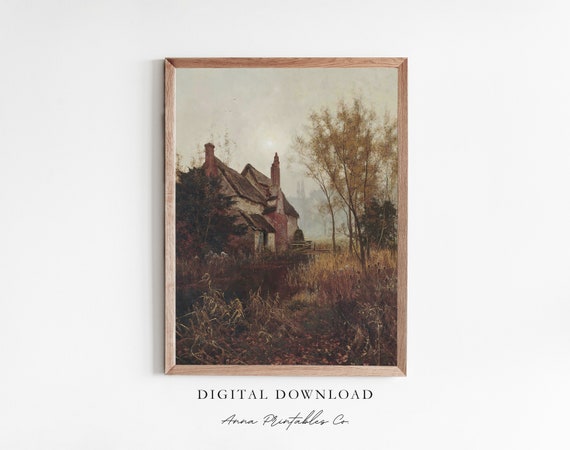 Cottage In Autumn Antique Fall Landscape Painting For Moody Wall Art Vintage Cottagecore Fine Art Print