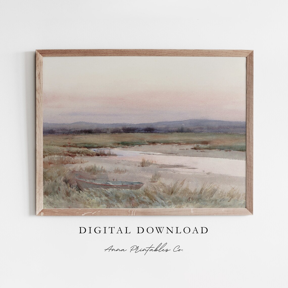 Canoe On The Creek Antique Watercolor Landscape Print