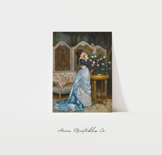 Elegant Lady In Blue Gown Smelling Roses Opulent Interior Poster