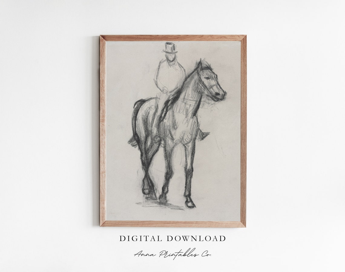 Horse And Rider Charcoal Sketch Vintage Equestrian Drawing Poster