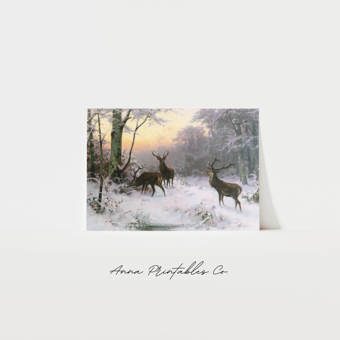 Three Stags In Snowy Forest At Dawn Antique Winter Wildlife Poster