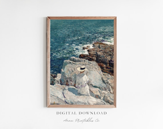 Woman Seated on Rocky Shore Vintage Coastal Ocean Scene Antique Painting Poster