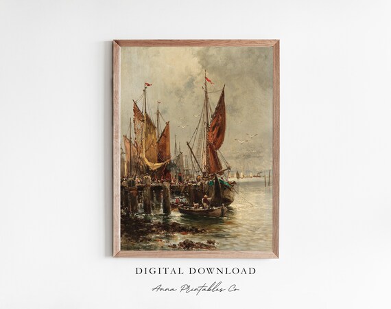 Vintage Fishing Boats Red Sails Harbor Dock Nautical Painting Poster