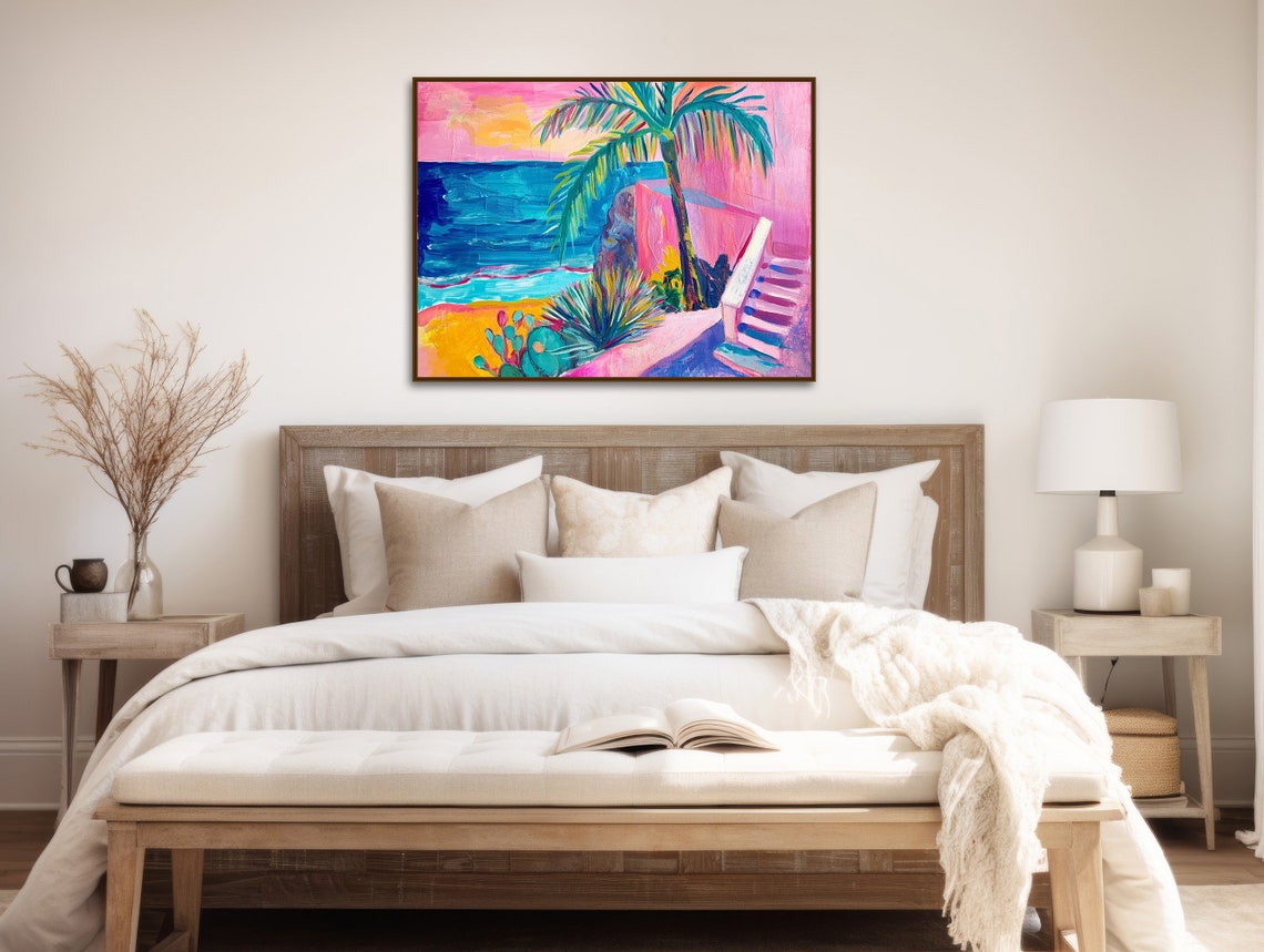 Tropical Abstract Painting Modern Beach Wall Art With Palm Tree Gicle Or Framed Print Pink Blue Beachside Palm - Image 2