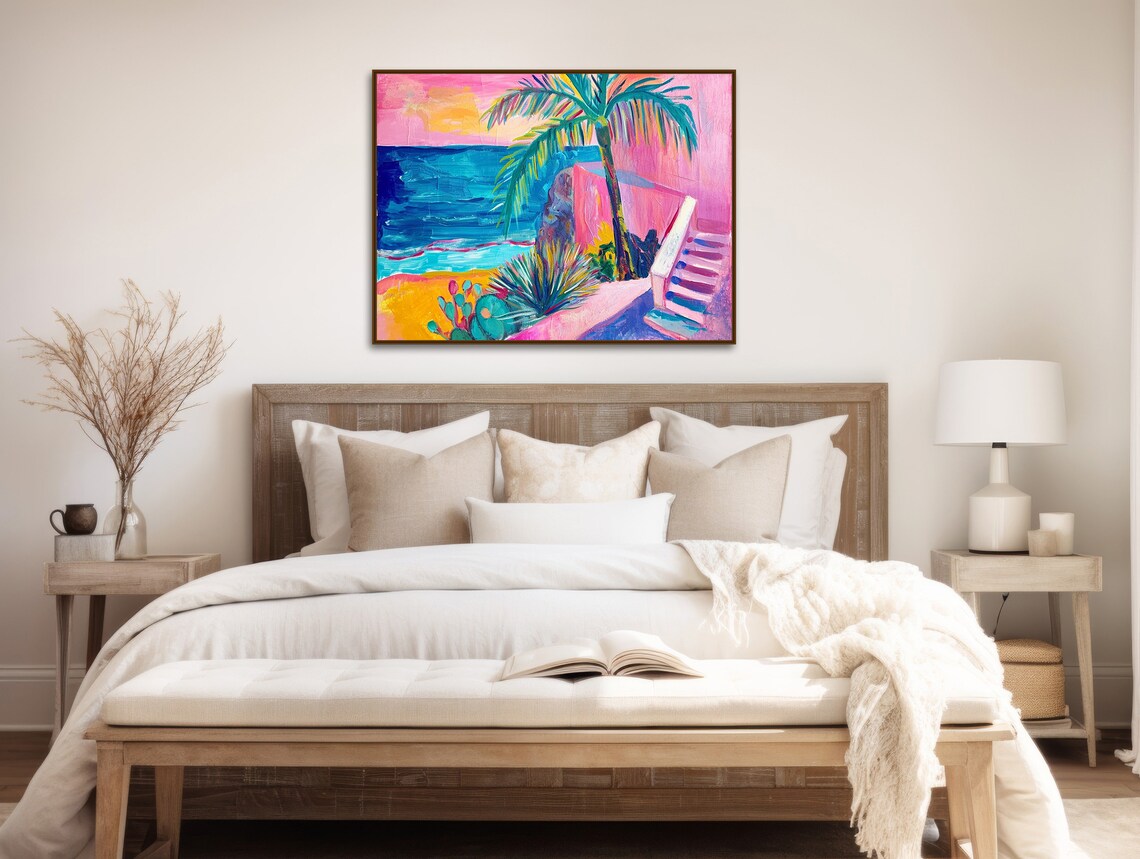 Tropical Beach Palm Painting Pink Sky White Stairs Coastal Wall Poster - Image 2