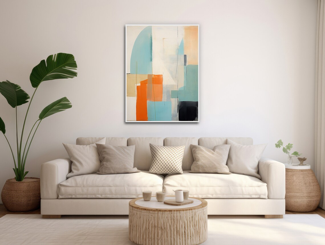 Large Minimal Wall Art Modern Abstract Painting Framed Print Beige Orange Teal Pastel Pallet 2 - Image 3