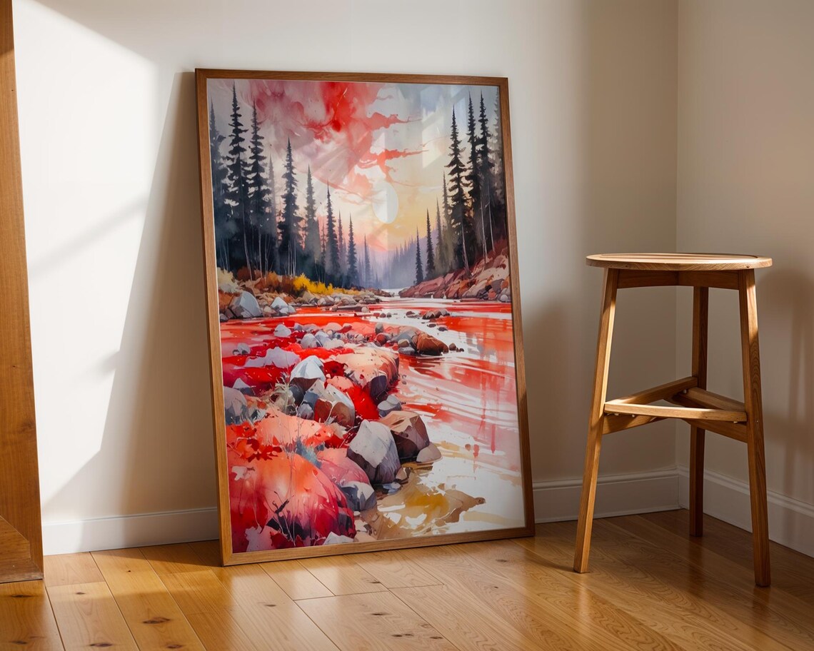 Forest River Sunset Watercolor, Rustic Nature Art Print