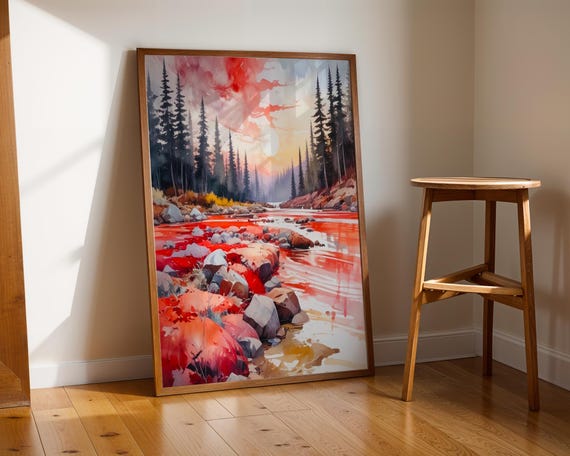 Forest River Sunset Watercolor, Rustic Nature Art Print