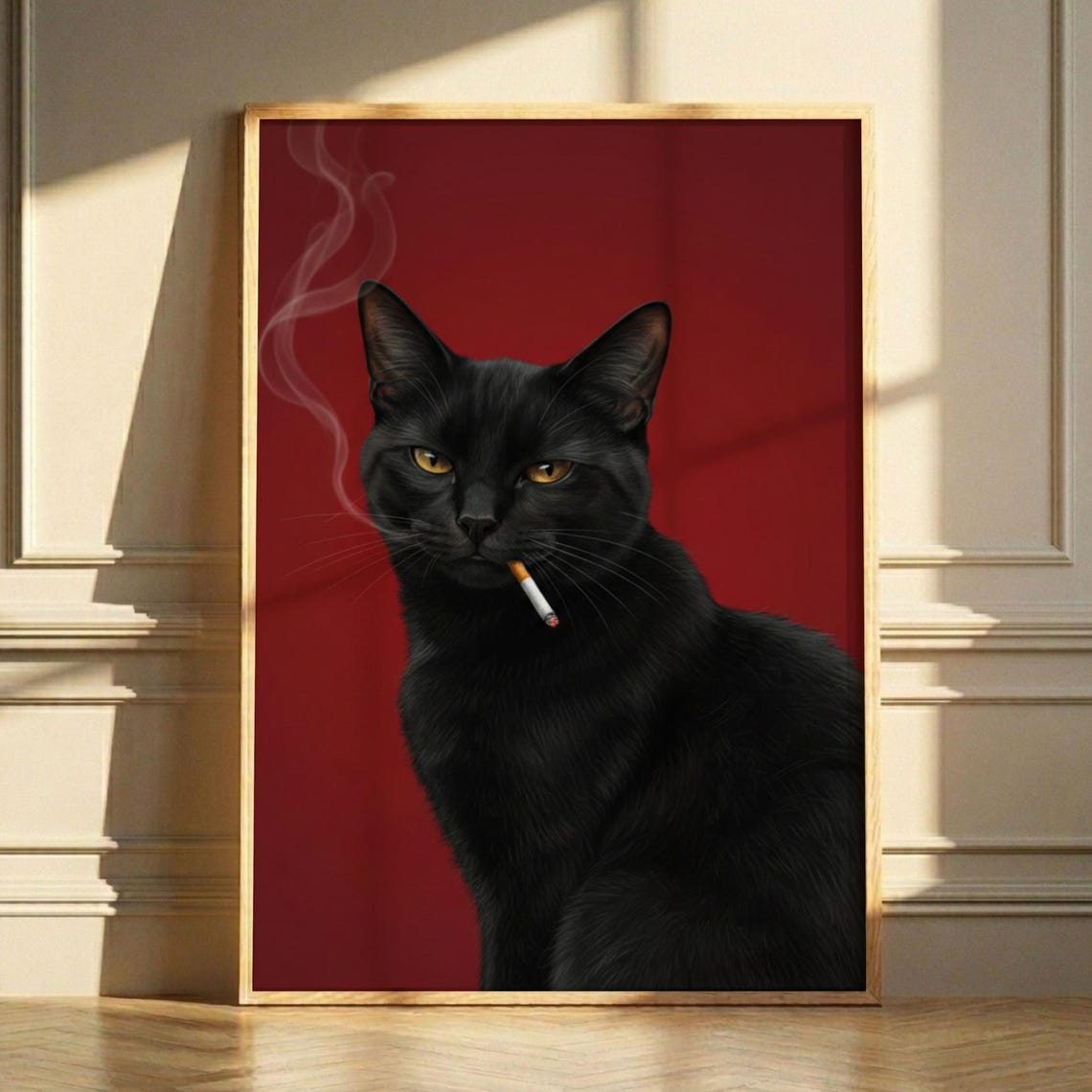 Black Cat Smoking Cigarette Red Background Funny Altered Wall Art