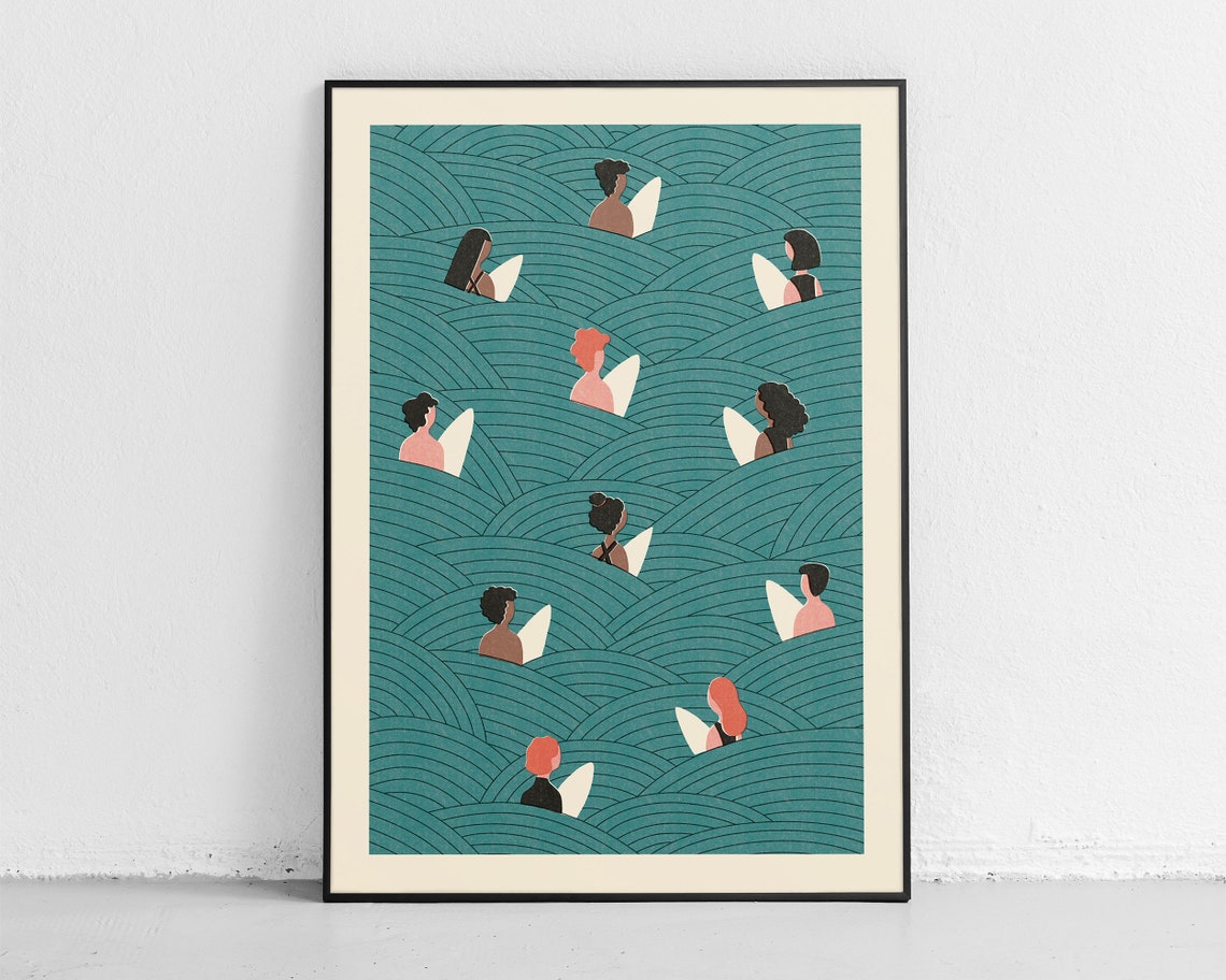 Waiting For The Wave Surfers Teal Ocean Surfboard Art Poster