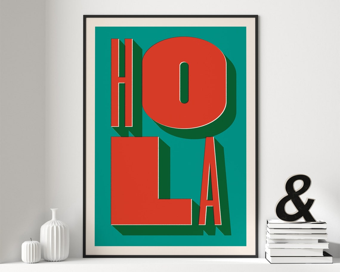 Hola Word Retro Typography Red Teal Bold Spanish Greeting Art Poster - Image 2