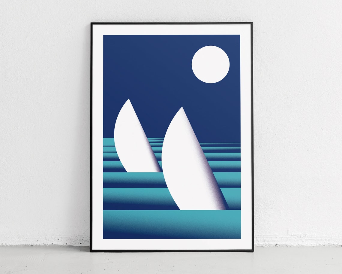 Minimalist Sailboat Nautical Geometric Blue Seascape Art Poster