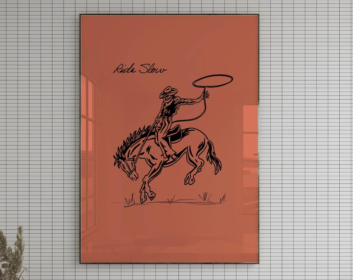 Ride Slow Cowboy Art Print Western Cowboy Wall Art Wild Horse Art Burnt Orange Wall Art Country Rodeo Poster Retro Farmhouse Decor - Image 3