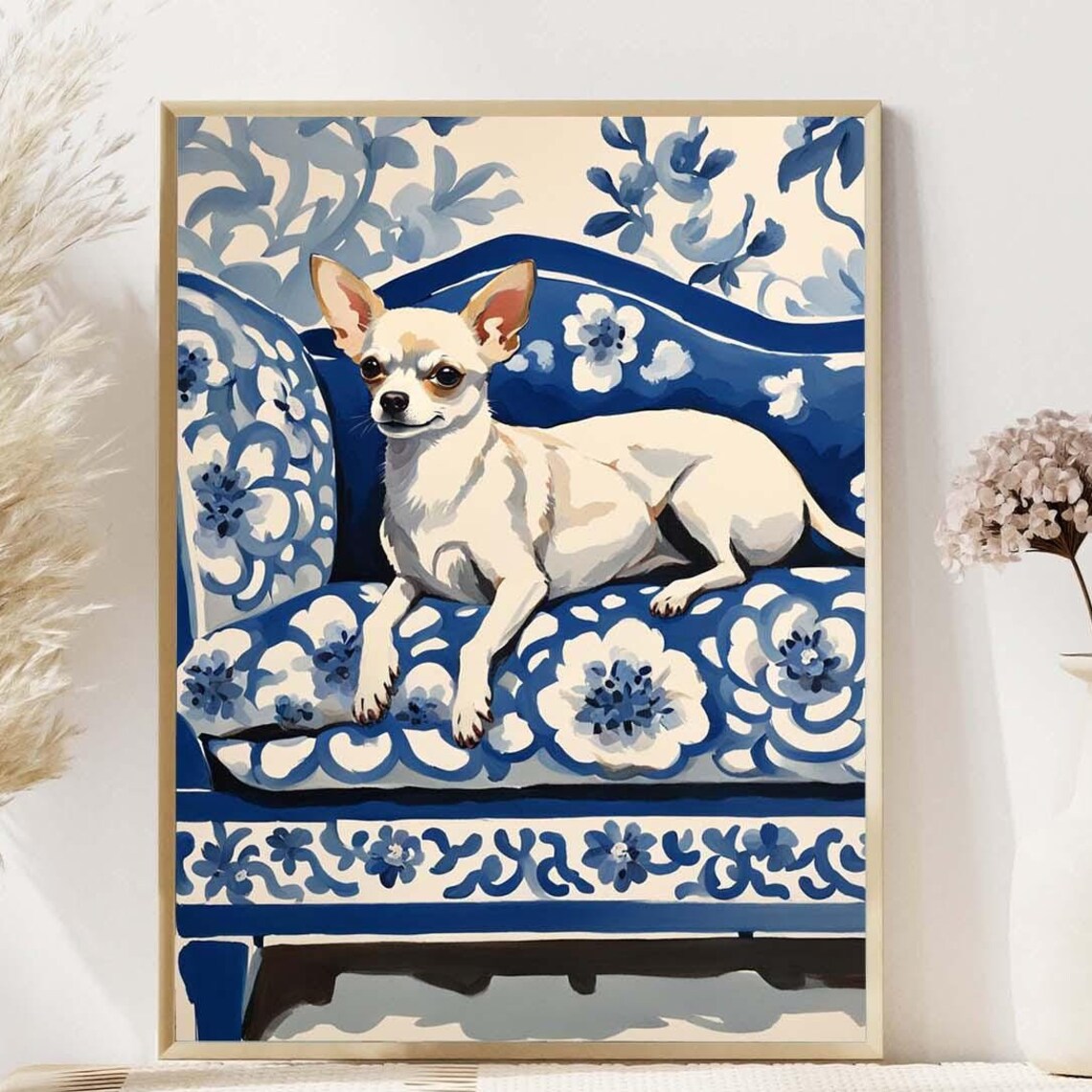 Chihuahua Blue Floral Chinoiserie Art Print