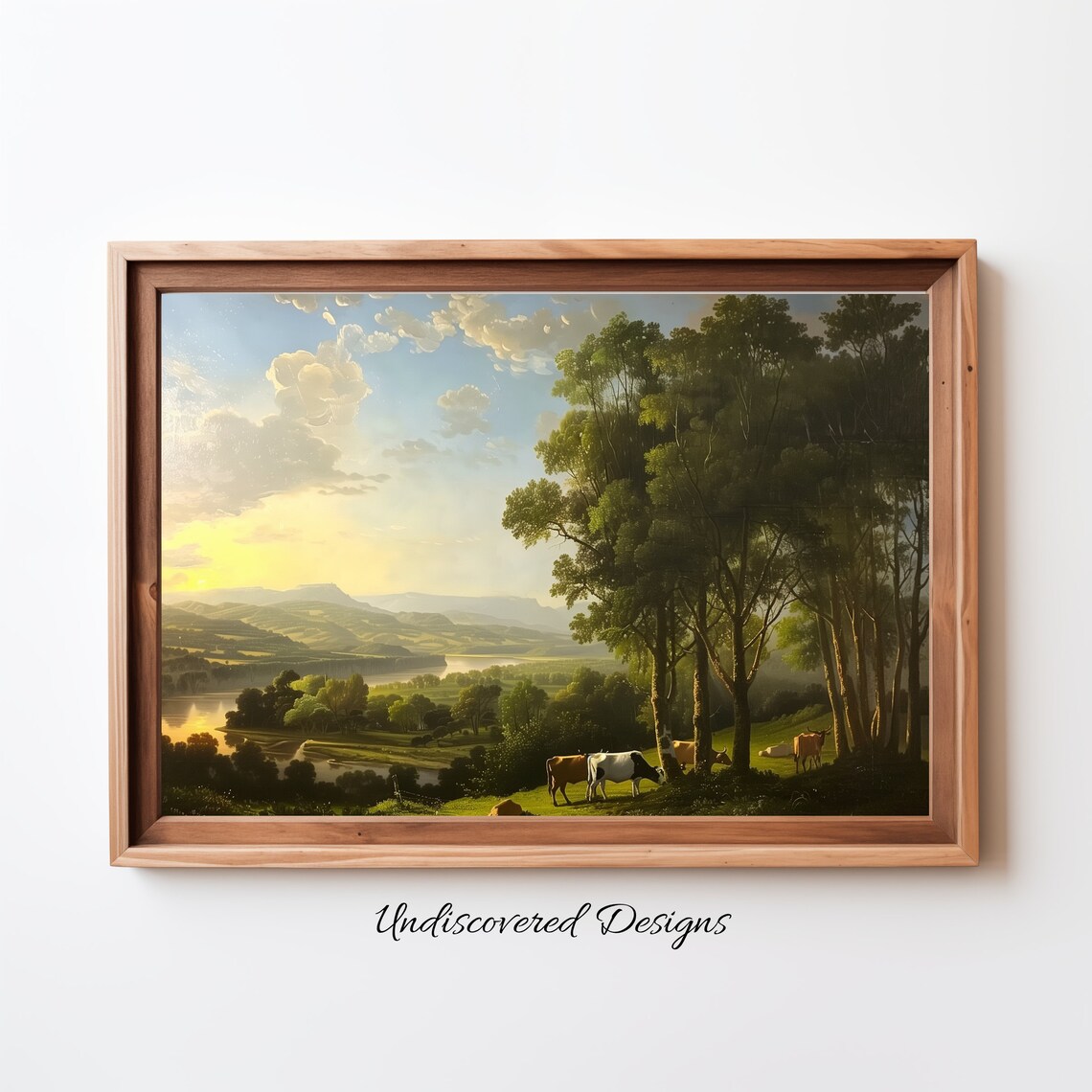 Vintage Summer Forest Pasture Cows Valley Sunset Oil Painting Poster