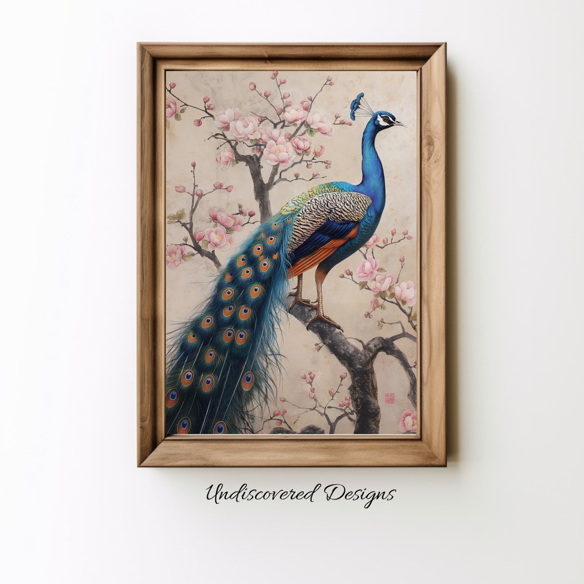 Peacock With Cherry Blossoms East Asian Style Bird Art Print