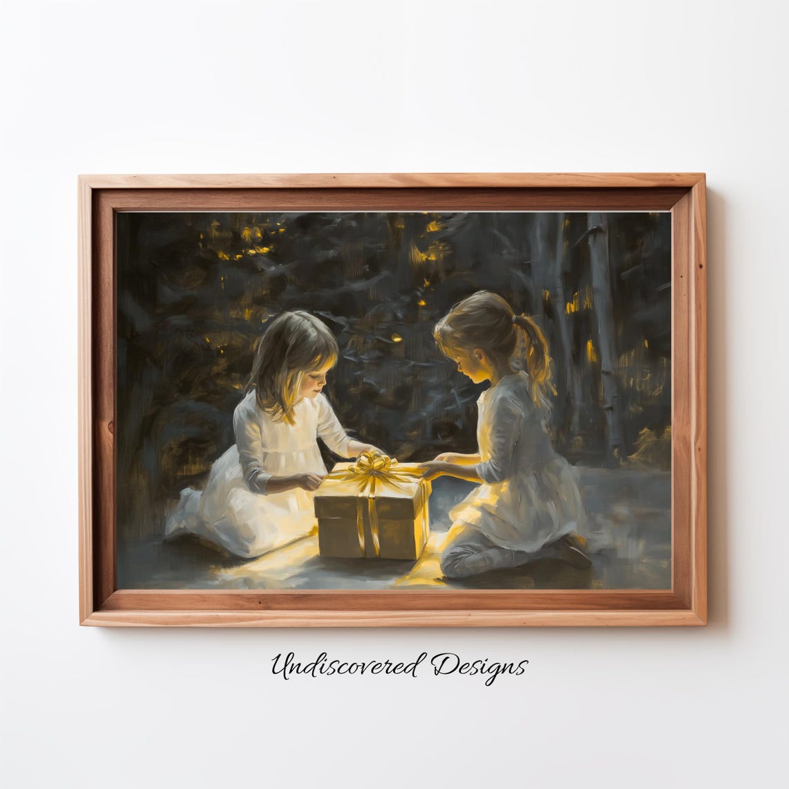 Two Kids Opening a Glowing Gift Vintage Christmas Art Poster