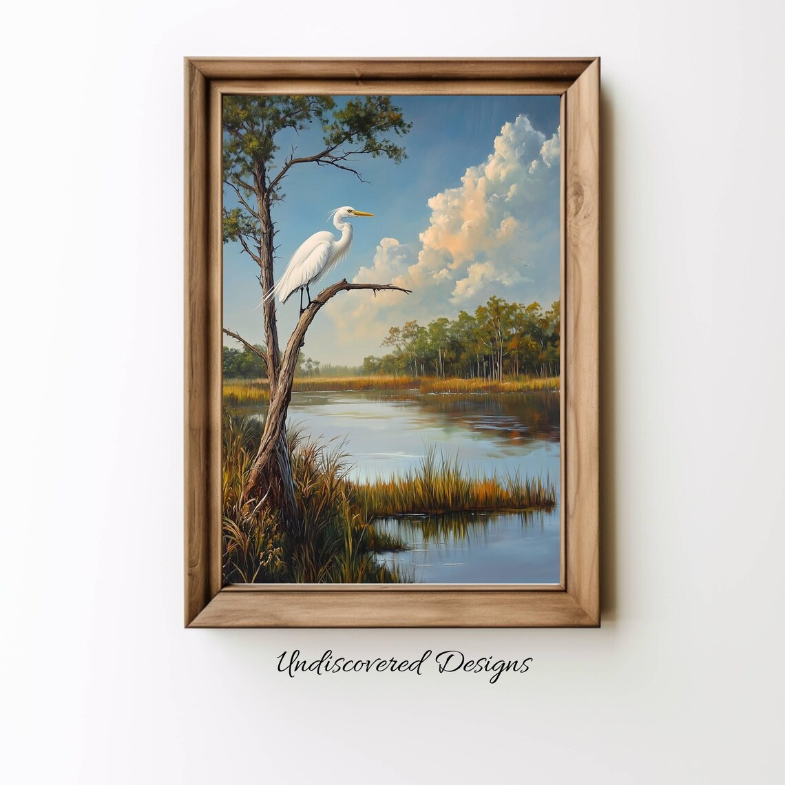 White Egret Lakeside Wetland Sunrise Vintage Nature Painting Art Print