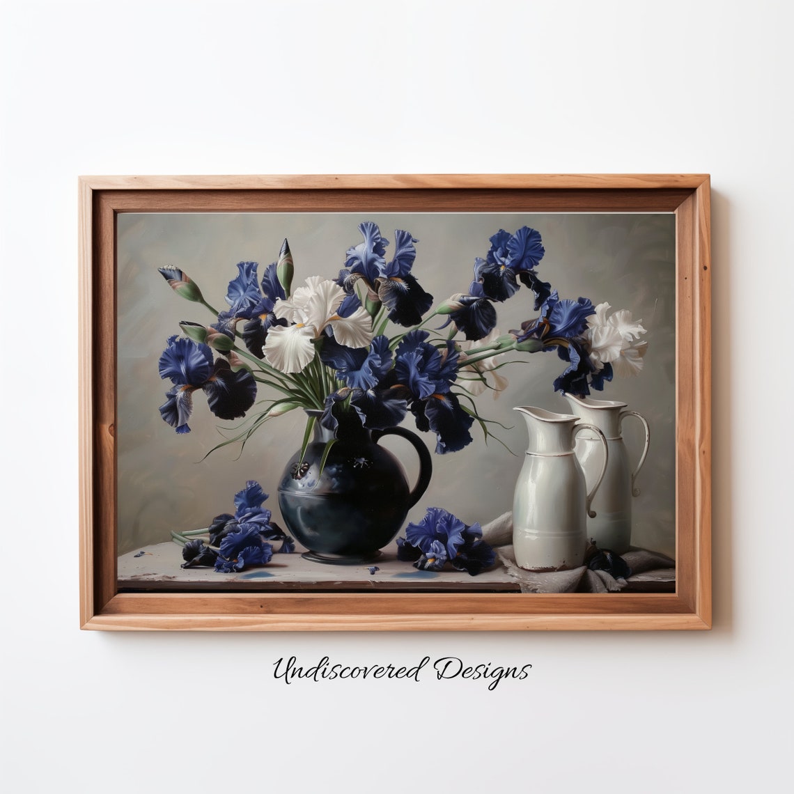 Deep Blue and White Iris Bouquet Classic Still Life Oil Poster