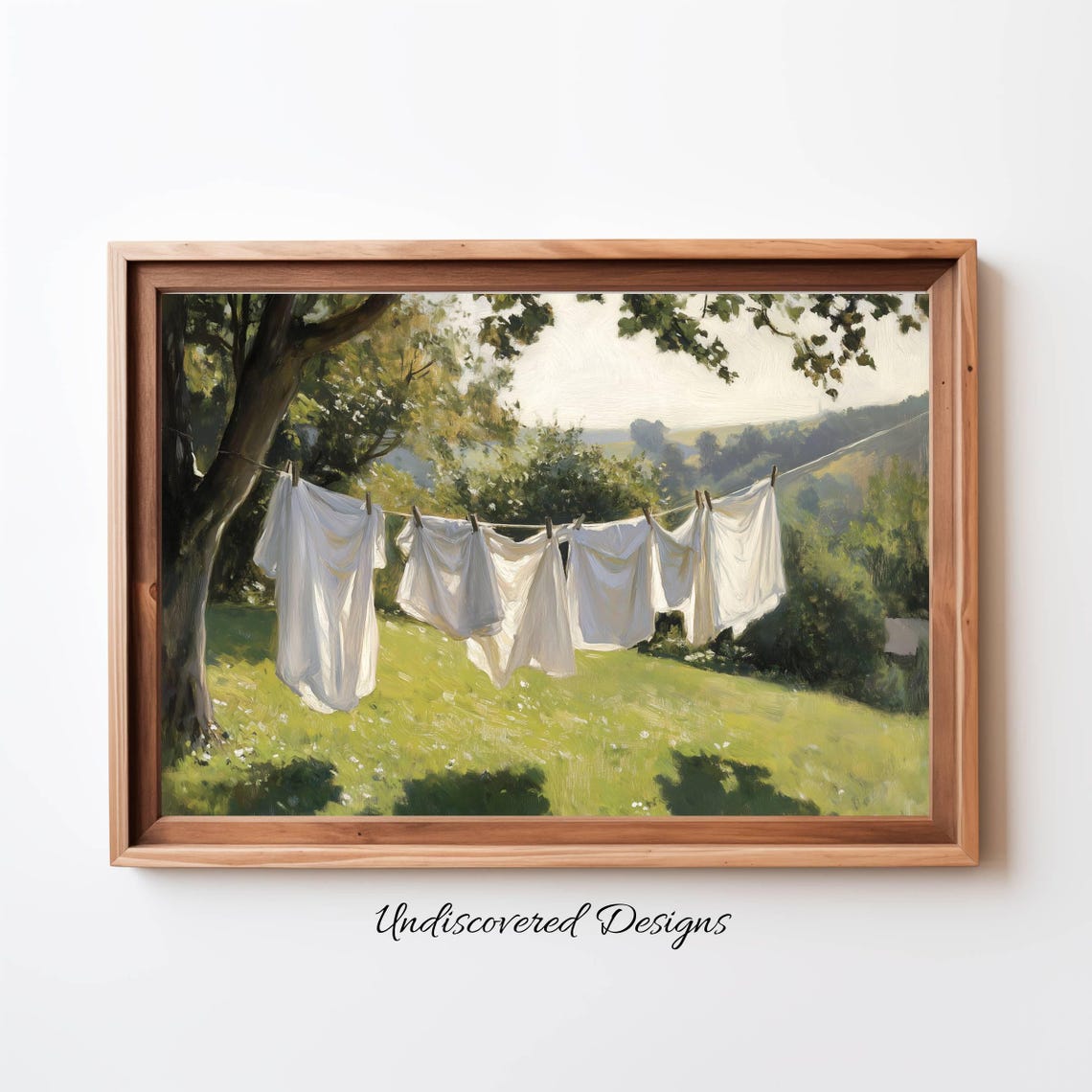 White Laundry on Clothesline Sunny Green Countryside Art Print