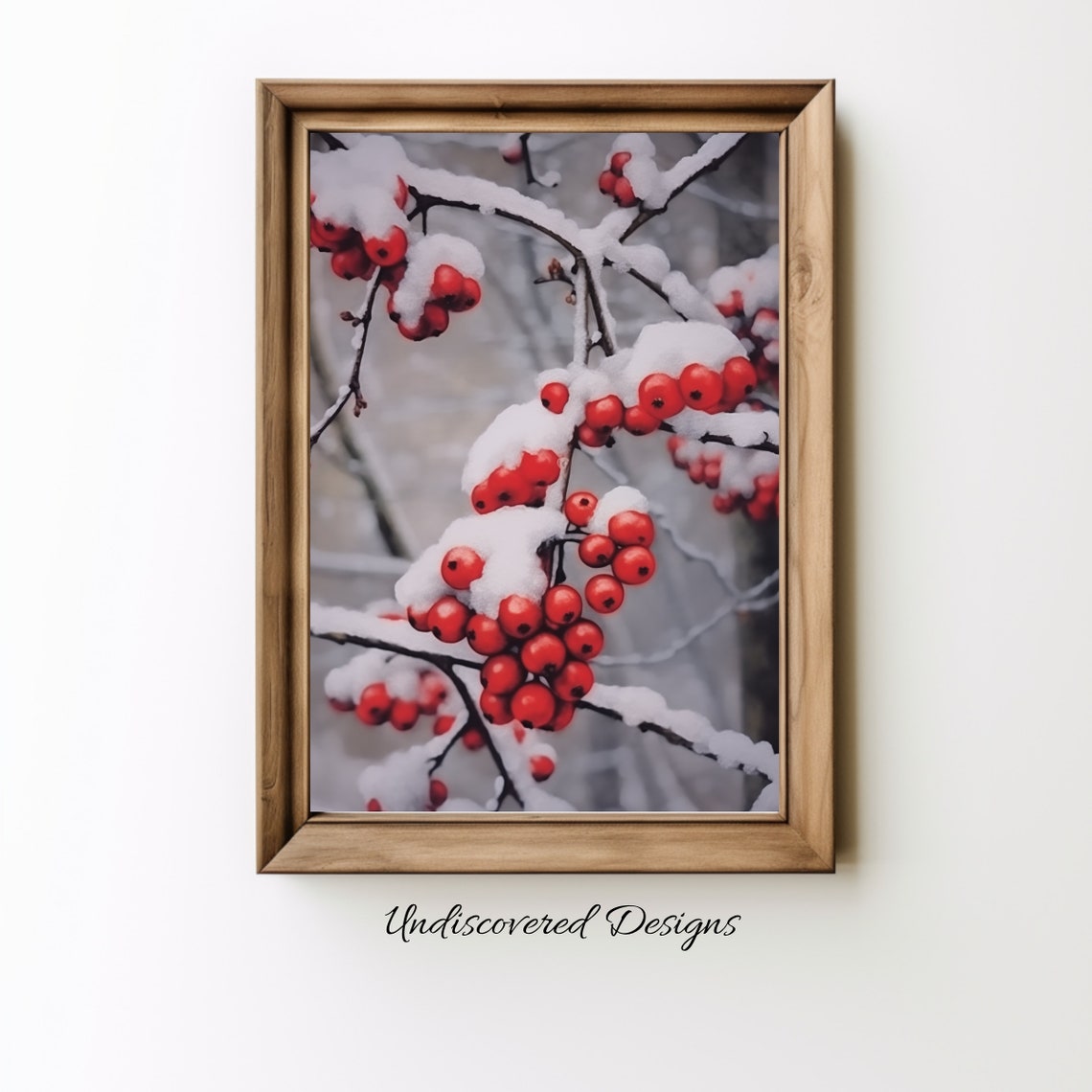 Red Holly Berries Covered in Snow Winter Botanical Branch Poster