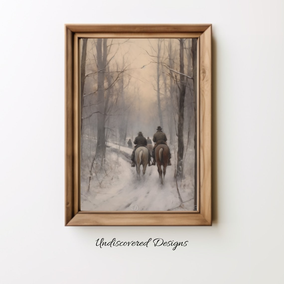 Horseback Riders Riding Away Into Snowy Forest Dusk Scene Poster