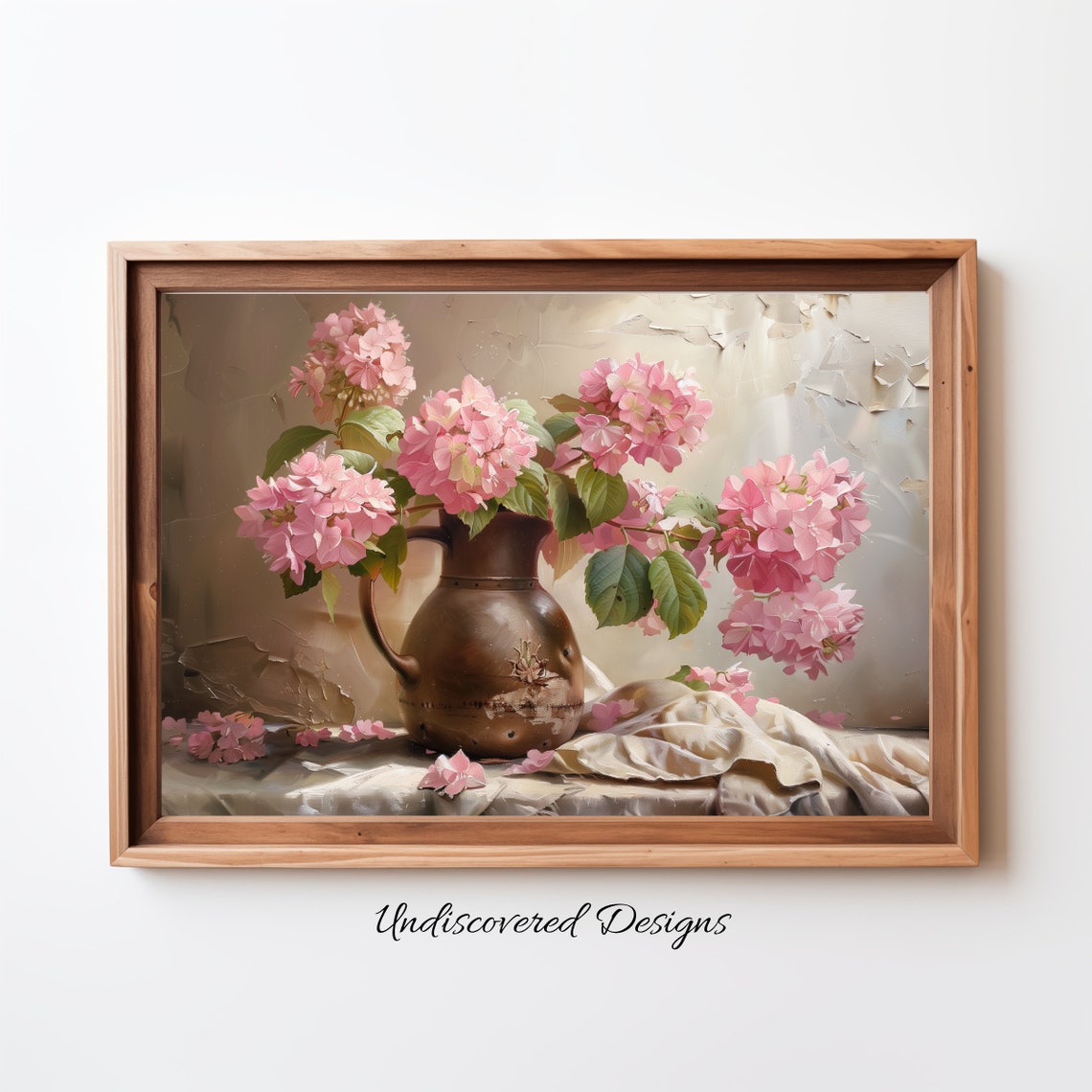 Blush Pink Hydrangeas in an Antique Bronze Vase Still Life Poster